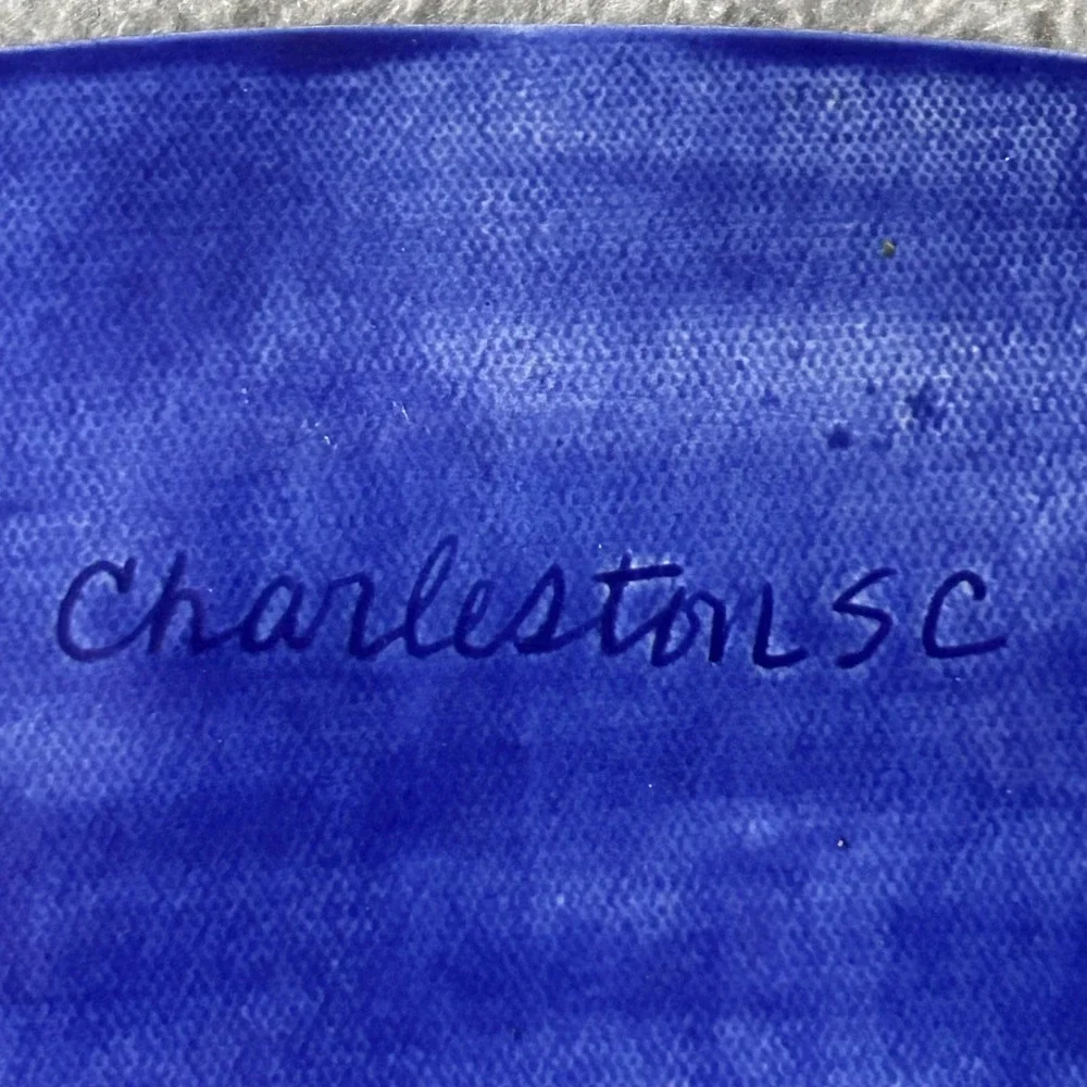 Handmade Charleston Pottery Platter Lace Impressed Blue Cobalt 2018‎ Bee Mark